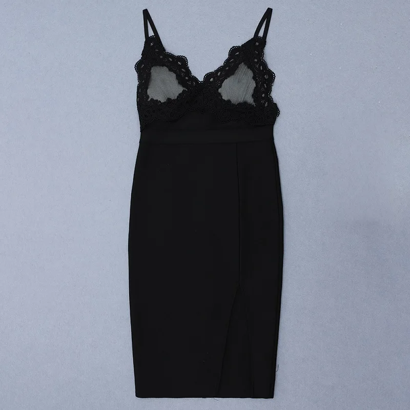 Черное сексуальное модное кружевное платье с бретельками женское облегающее