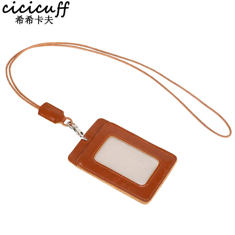 

Employee Badge Holder Genuine Leather Work ID Card Sling Student's Card Cover Casual Men Women Chest Card for Work Credentials