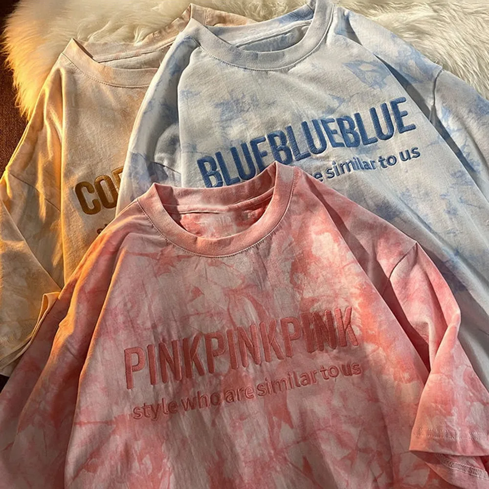 

Short Sleeve T-shirts Women Letter Print Tie Dye Oversize Hip Hop Loose Korean All-match Students Simple O-neck Harajuku Tops