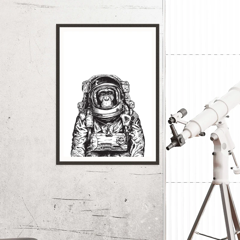 Canvas Prints Pictures Wall Art Hand Drawn Black and White Monkey Astronaut Painting Home Decor Modular Nordic Poster Kids Room | Дом и сад