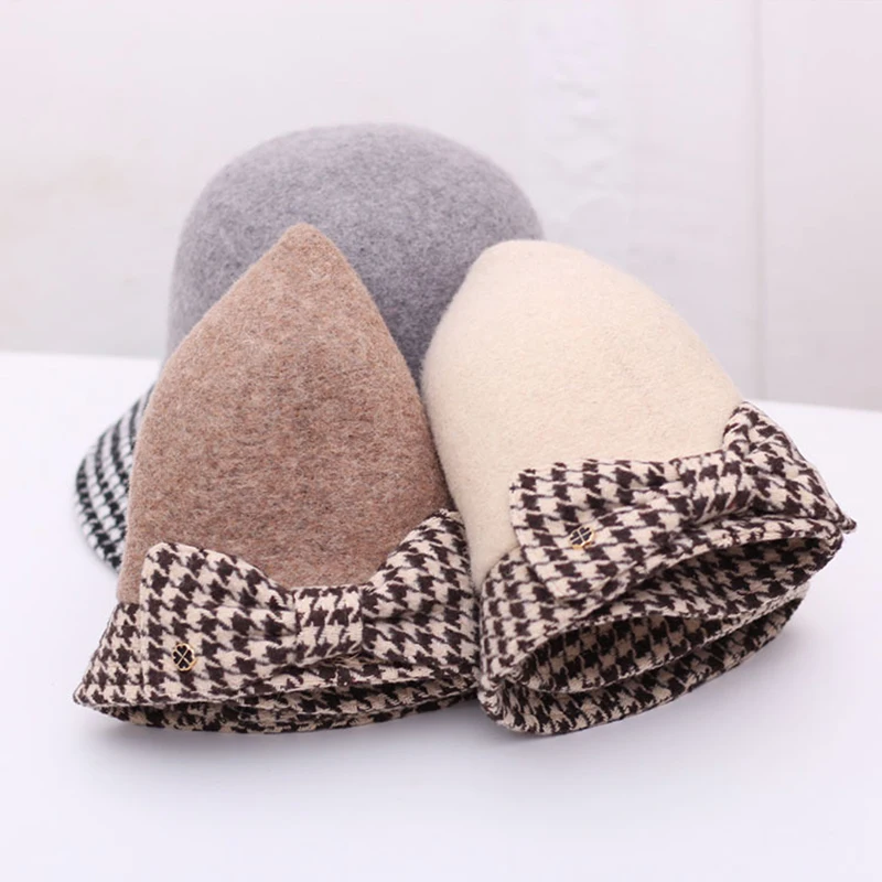 New Warm Arrive Autumn Winter Fashion Wool Thickness Elegance Woman Bow Patchwork Hound Tooth Pattern Fedoras Panama Bucket Hat |