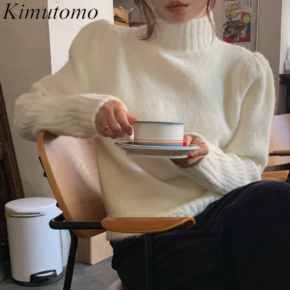 

Повседневный женский свитер Kimutomo, новинка зимы 2021, модный винтажный однотонный Универсальный вязаный пуловер с высоким воротником и пышным...