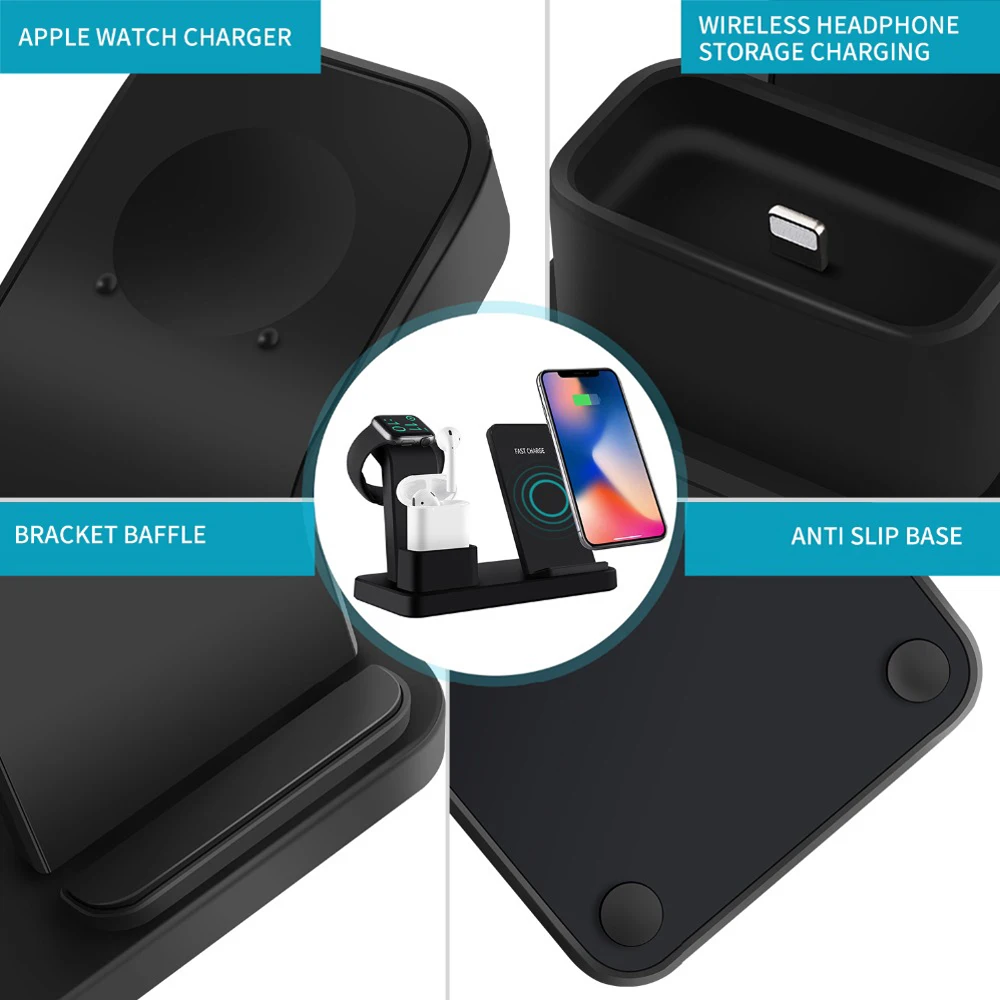 New 3 IN 1 QI Wireless Charger Stand for Apple Watch 2 4 AirPods iPhone X 8 8Plus XS 11 Pro Max XR Fast Charging Base | Мобильные