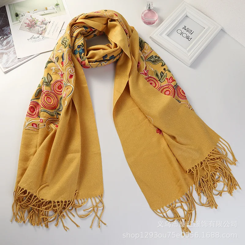 

Scarf Female Retro Ethnic Spring Autumn All-match Thin Sun Protection Foulard Imitation Cashmere Travel Shawl Embroidered Cape