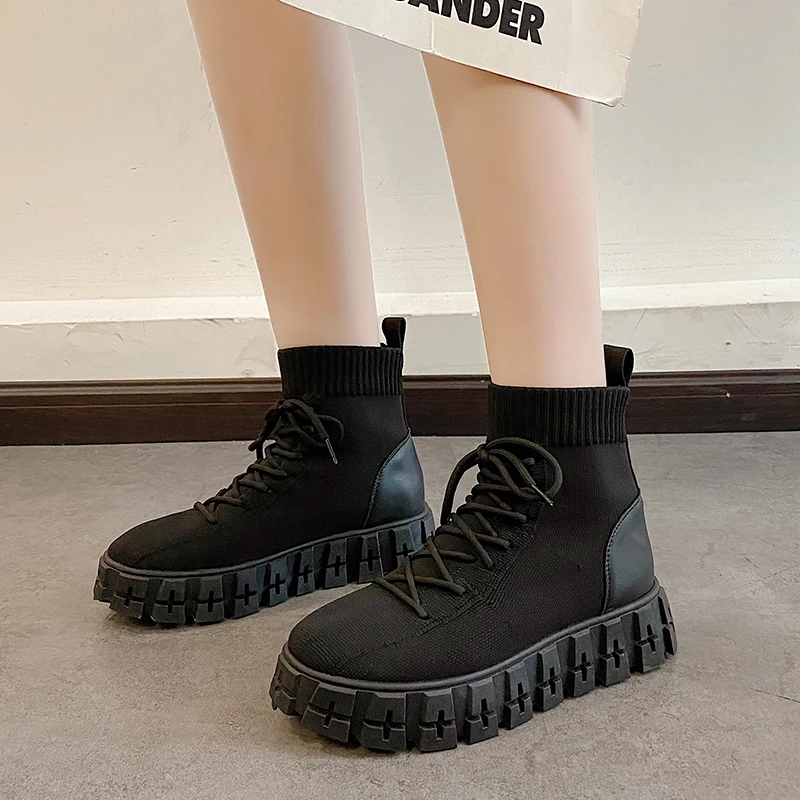 

Ladies Round-toe Boots Shoes Calf Rubber 2021 Mid-heel Platform Casual Sports High-top Casual Shoes Thin Knit Women's Boots