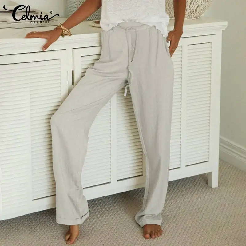 

Women 2021 Summer High Waist Pajama Long Pants Celmia Casual Lace-up Homewear Pantalon Loose Solid Color Wide Leg Pant Plus Size