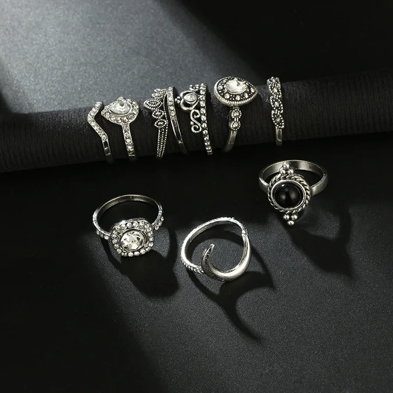 

10 Pcs Hollow Crown Water Drop Moon Geometric Leaf Rings