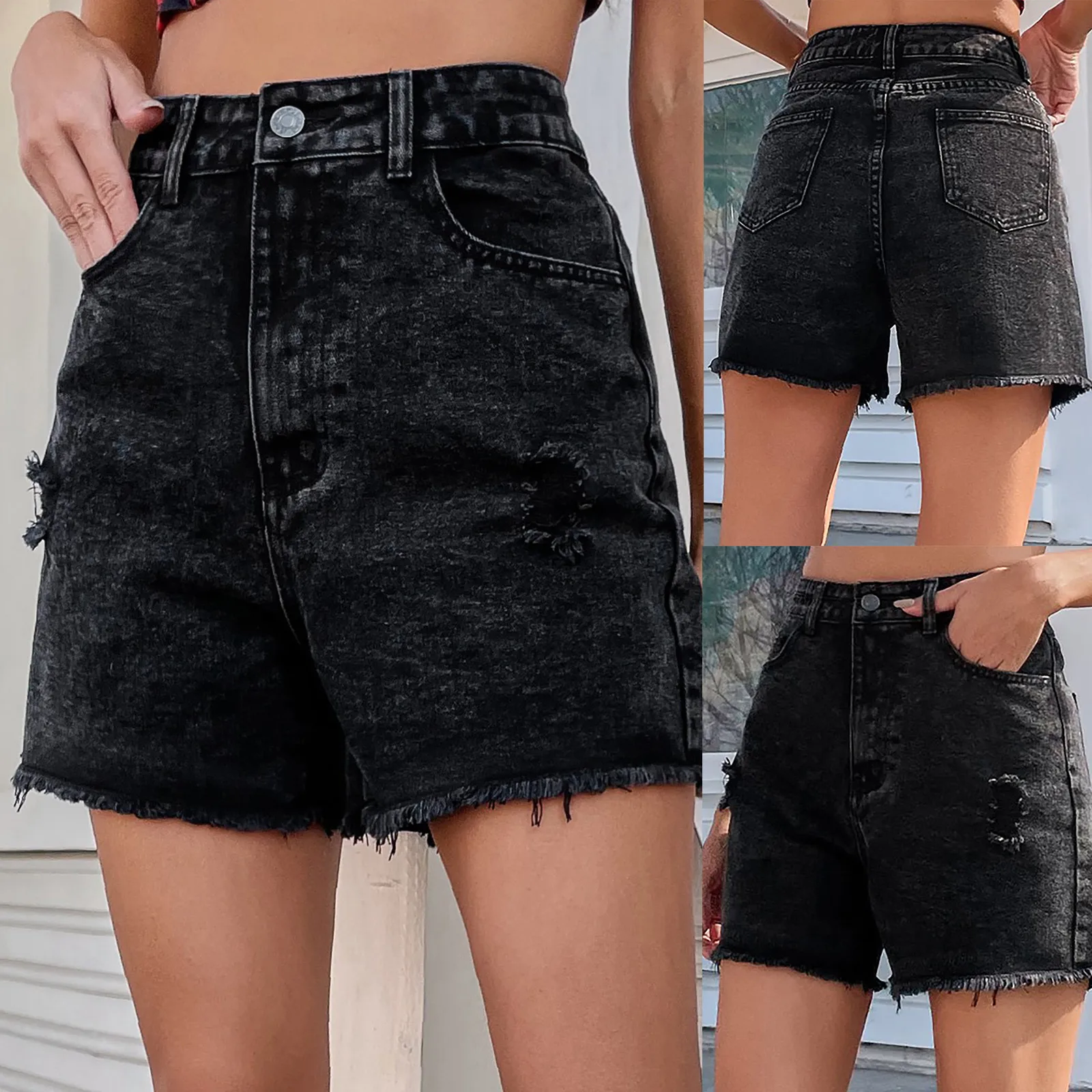 

Summer Denim Shorts Women's Jeans Fashion Middle-waisted Straight Pocket Hole Short Pants 2021 New Summer Jean Shorts Caual