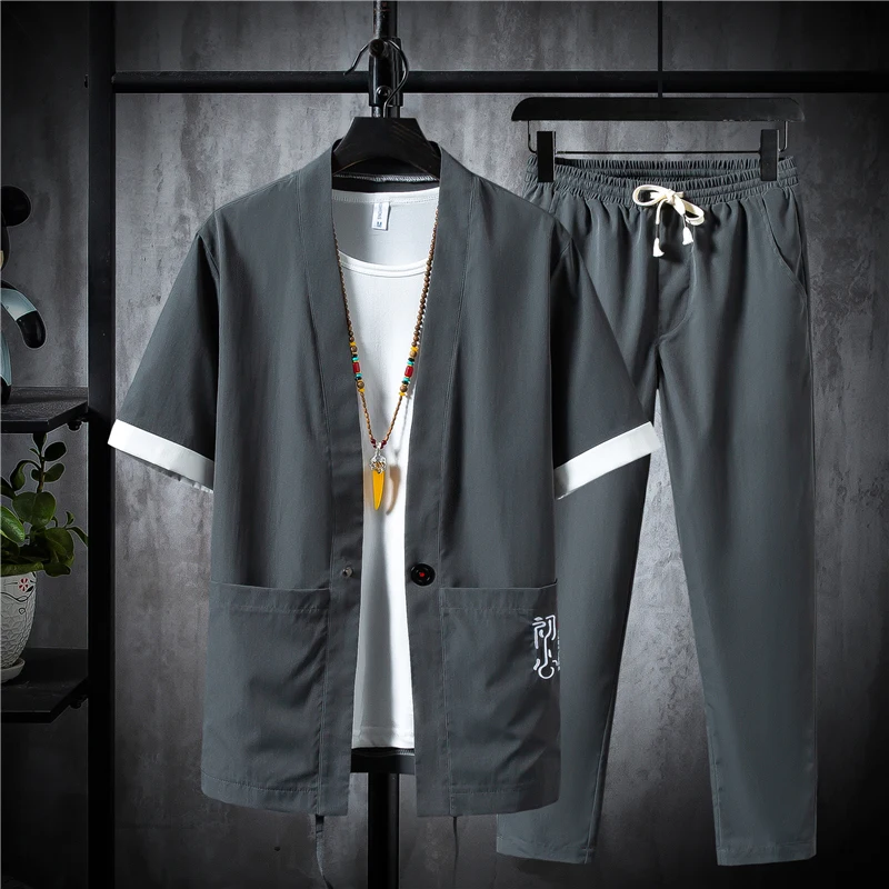 

Chinese style mens two-piece set khaki gray green Black summer men shirts short sleeve and Ankle-Length pants large size s-5xl