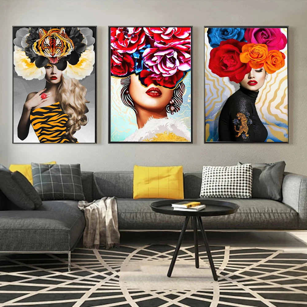 

Modern Abstract Posters and Prints Flowers Tiger Canvas Painting Wall Art Print Poster Pictures for Living Room Home Decoration