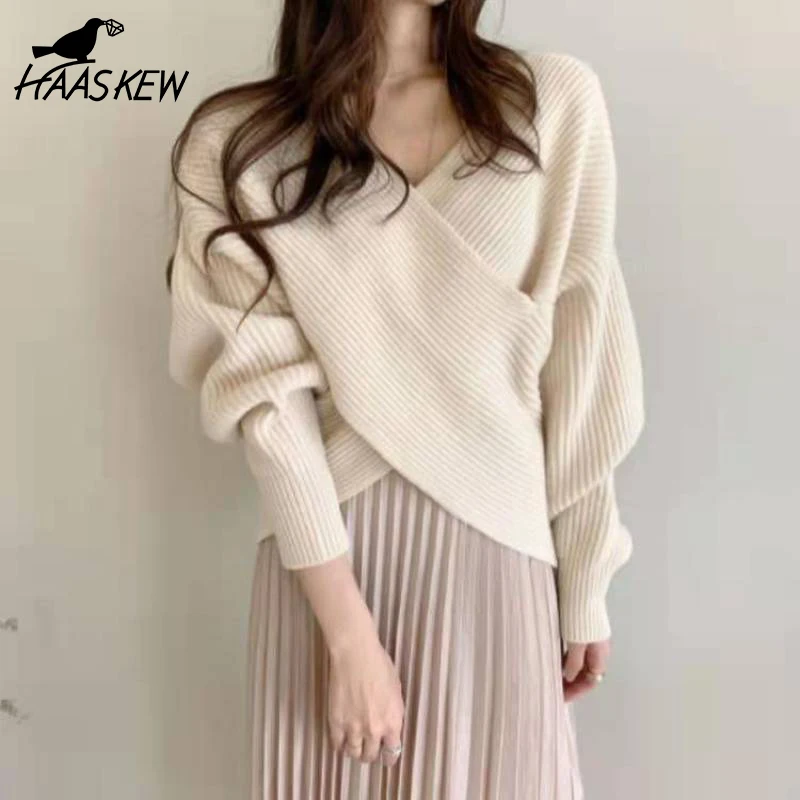 

Женские элегантные пуловеры HAASKEW с длинным рукавом, Новое поступление, Осенний Корейский простой стиль, свободный женский свитер с V-образны...