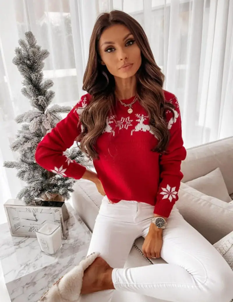 

Женский Рождественский свитер с длинным рукавом, повседневный жаккардовый пуловер с животным принтом, модный вязаный свитер, топы, новинка ...