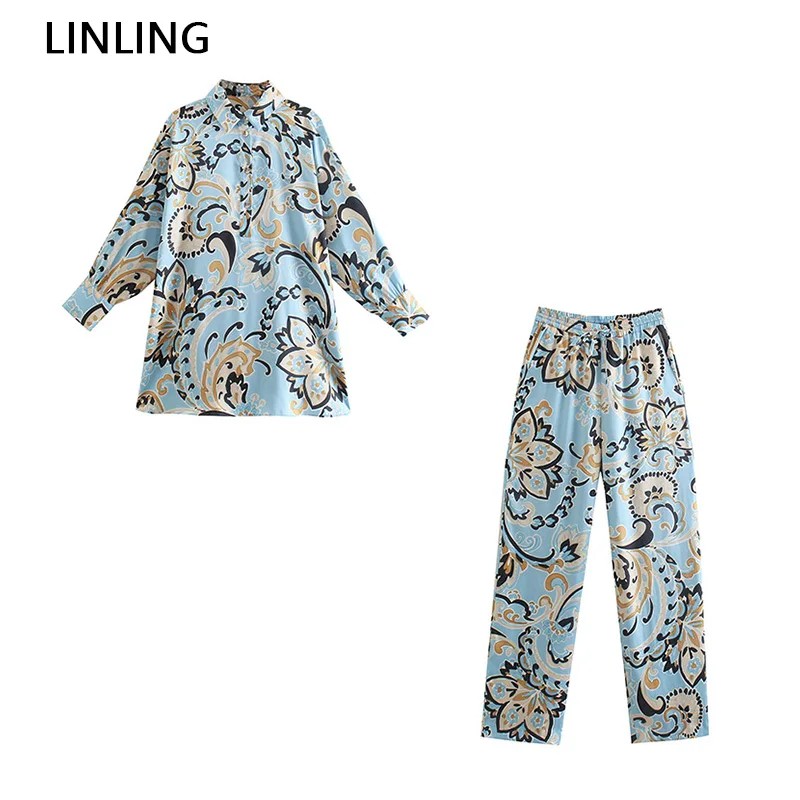 

Женский комплект из 2 предметов, винтажный однобортный Топ с высокой талией и широкими штанинами с принтом, с длинным рукавом и воротником с ...