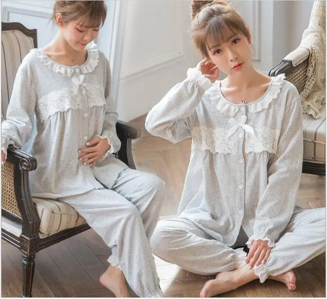 Весенний женский пижамный комплект милая Фланелевая Пижама для беременных уход