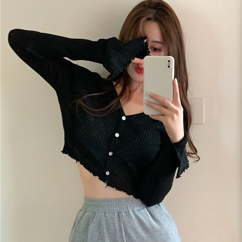 

Spring Autumn Short Exposed Navel Knitted Cardigan Women Ice Silk Single-Breasted V-Neck Long Sleeve Sunscreen Top