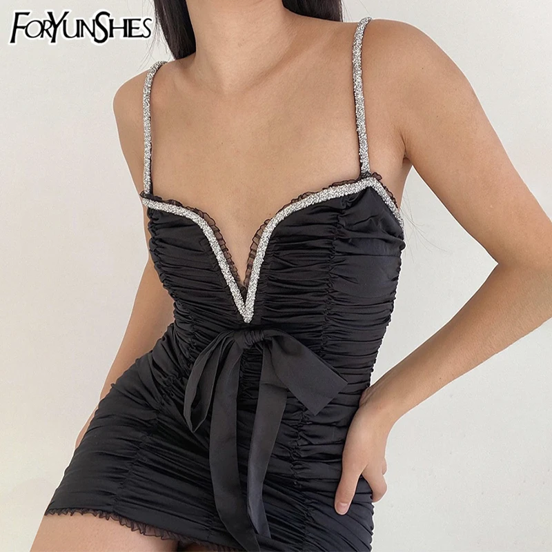 

Black Sexy Slim Sling Dress Women Lace Patchwork Sleeveless V Neck Bow Clothing Y2K Backless Ruched Mini Dresses 2021 Summer New