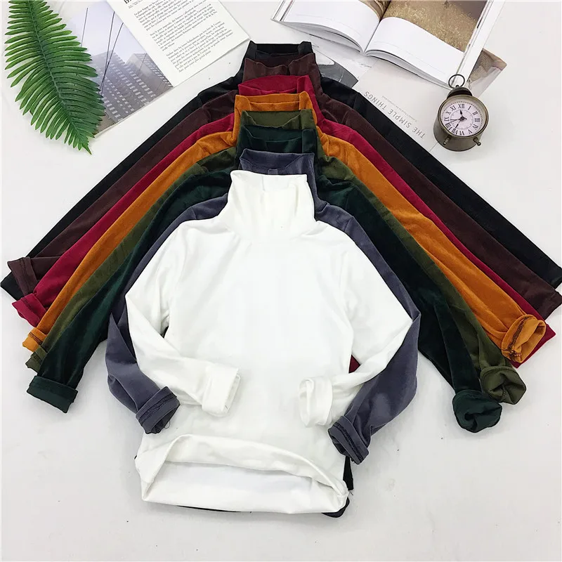 

New Spring Women Turtleneck T Shirt Tees Warm Thick Velvet T-Shirts Female Bottoming Long Sleeve Shirt Tops