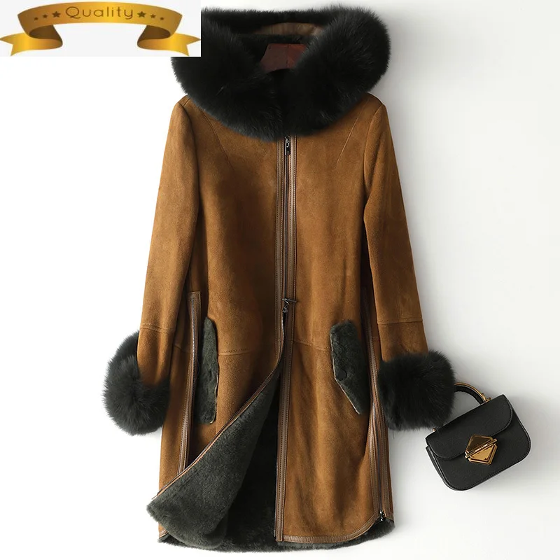 

Женский натуральный Лисий мех пальто с мехом с капюшоном зимняя одежда для женщин куртка из короткой овечьей шерсти натуральным лисьим мех...
