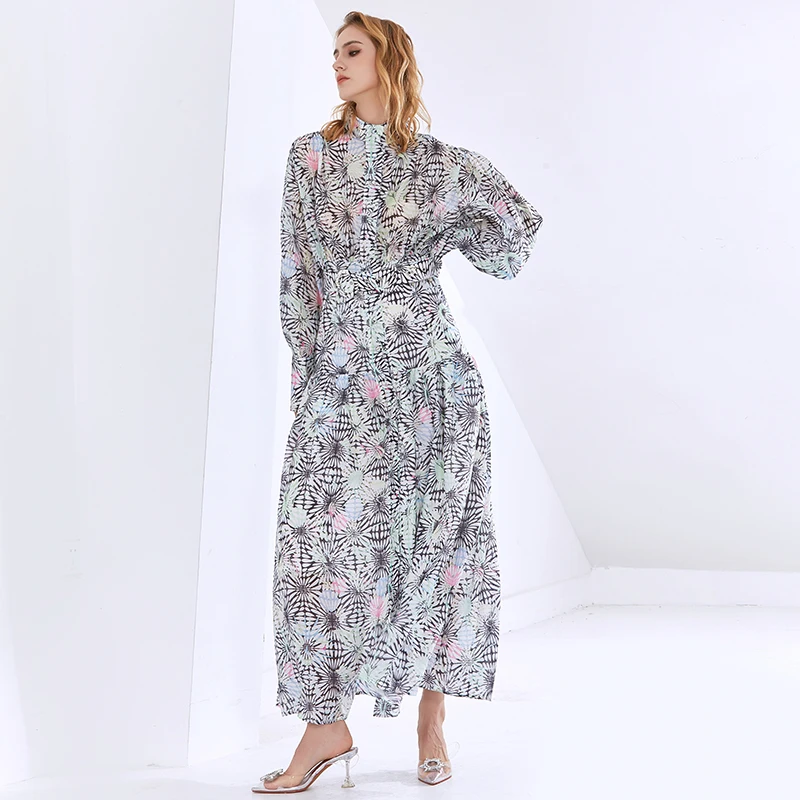 

TWOTWINSTYLE Printed Bohemian Midi Dress For Women Stand Collar Lantern Sleeve High Waist Dresses Female Fashion Clothing 2020