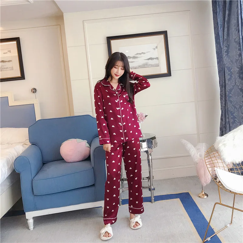 Spring Autumn New Pajamas Women's Suit Long-Sleeved 2-Piece Set Faxu Silk Turn-down Collar Leisure Women Pijamas Loungewear