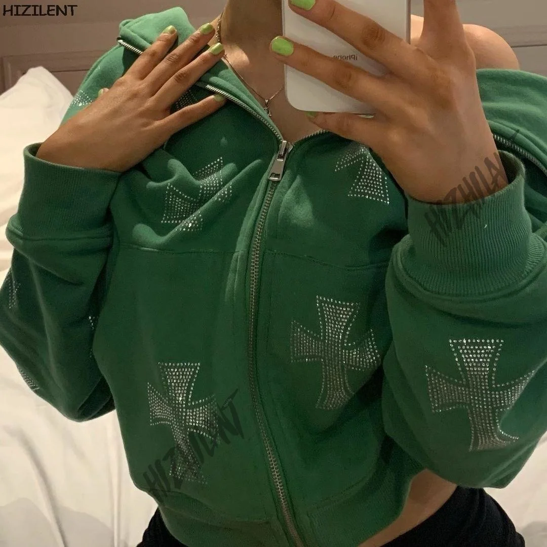 

Vintage rhinestone graphics Oversized Hoodies Female Zip Up Long Sleeve Women's Sweatshirt Y2K Aesthetic Winter Grunge clothing