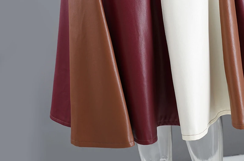 

Brown Pu Leather Contrast Color Pleated High Waist Half-body Skirt Women Fashion Tide New Spring Autumn 2021 1DD4083