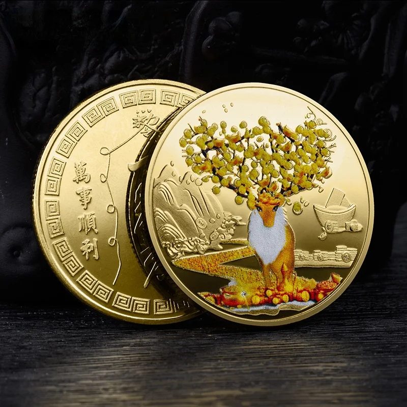 

Everything Finished Well Metal Crafts Special Gifts Mascot Reindeer Gold Coin Colorful Painted Badge