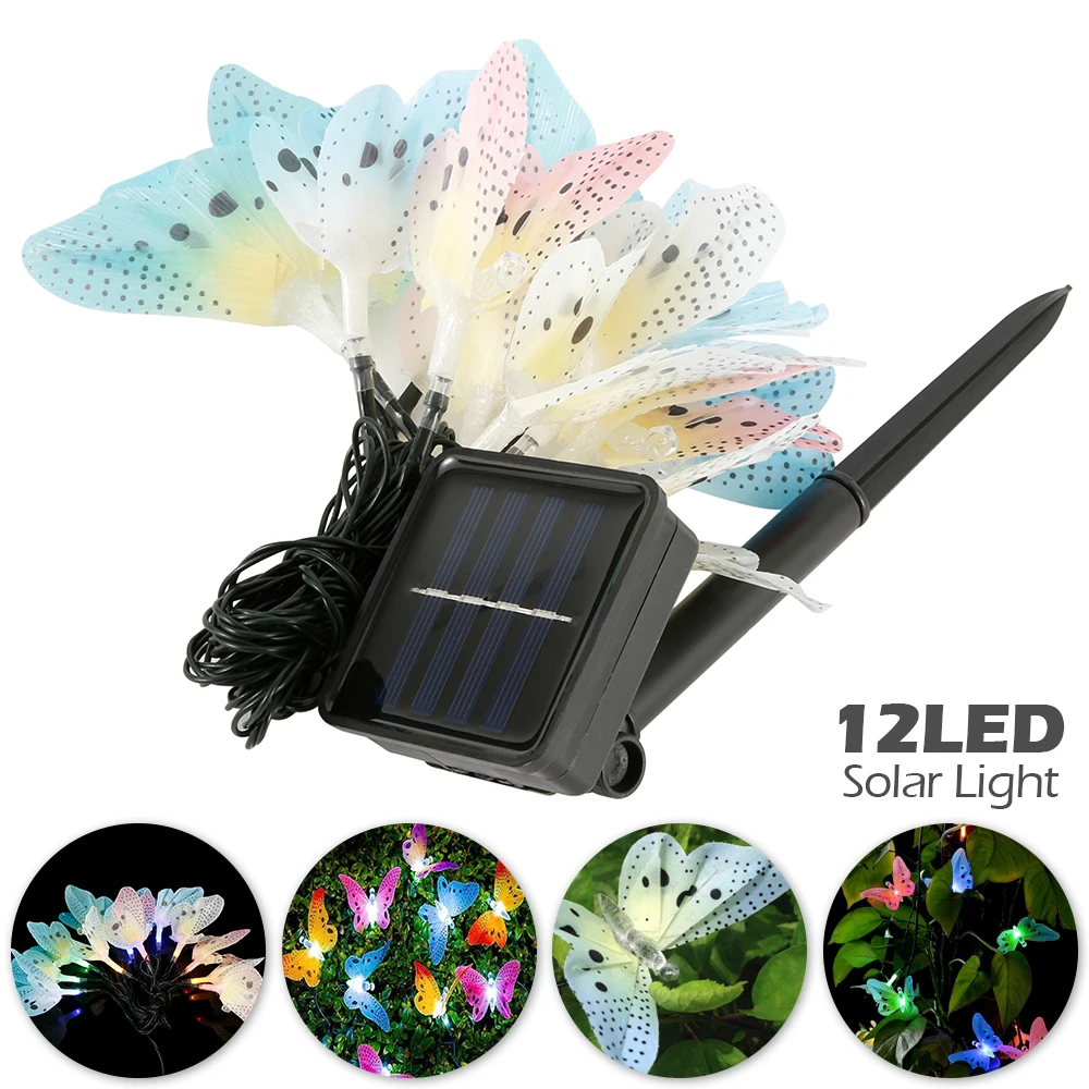 

New 12 Led Solar Powered Butterfly Fiber Optic Fairy String Waterproof Christmas Outdoor Garden Holiday Lights