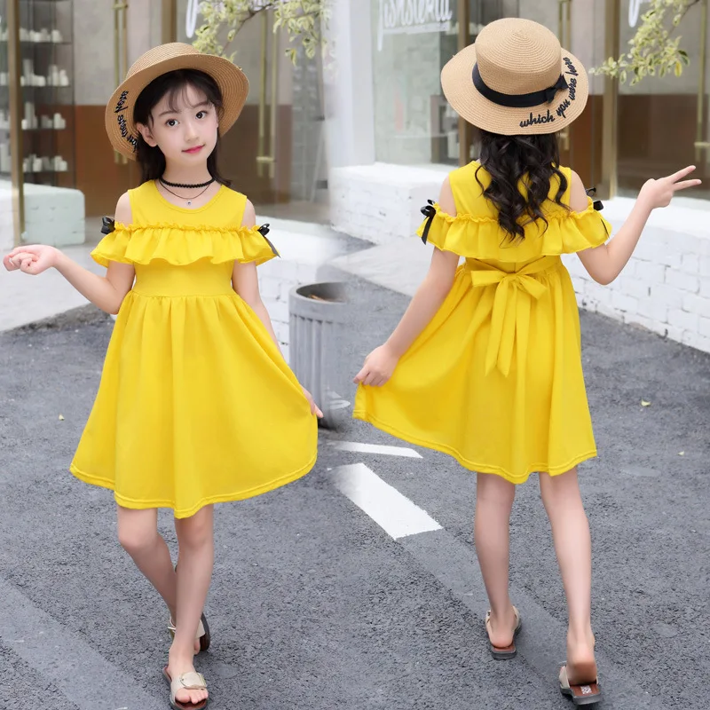 

Girls Dresses 2021 Summer Children Fashion Dress Girls Clothes Off-the-shoulder Solid Summer Girls Dress 4 6 8 9 10 11 12 Years