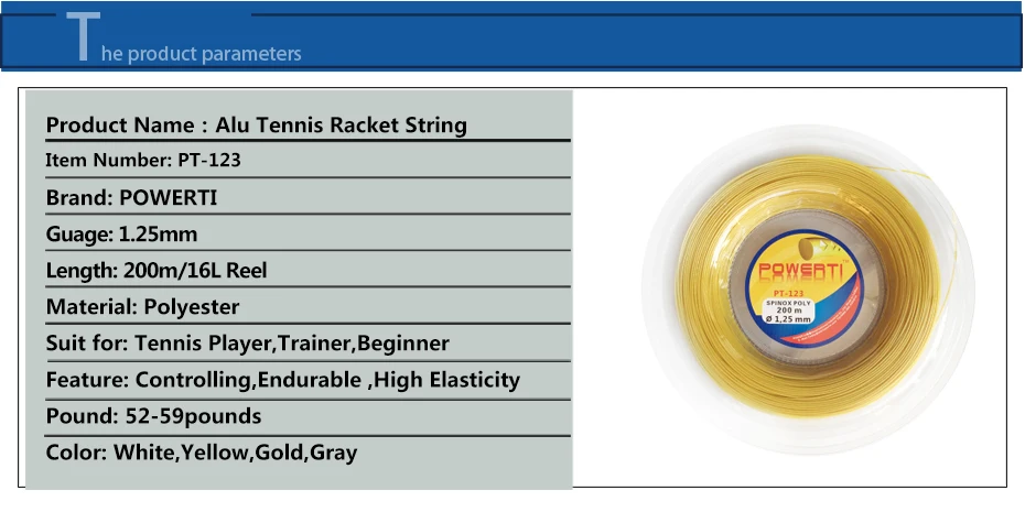 

Specal price POWERTI Alu 1.25mm Tennis String 200m Reel Control Hot Sale Training Tennis Racket String PT-123