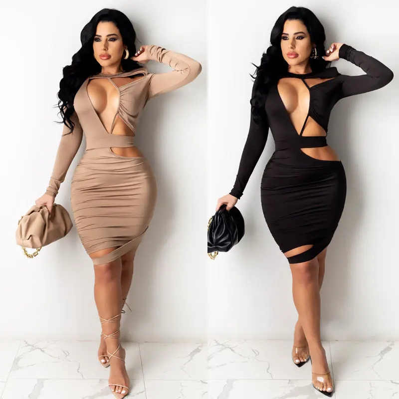 

2021 New Fall Women's Dress Casual Solid color Pleated Hollow Out Skirts Ladies Clothing Midi Women Dresses