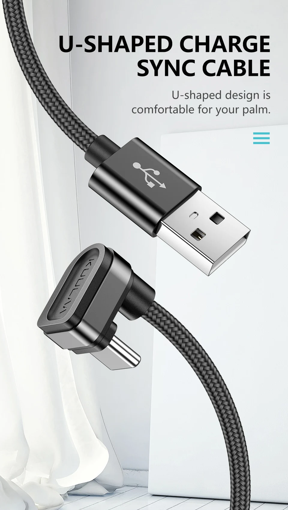 KUULAA нейлоновый USB C кабель 180 градусов Быстрое Зарядное устройство usb type C кабель для Xiaomi Mi 8 samsung Galaxy S9 Plus мобильный телефон USB-C шнур