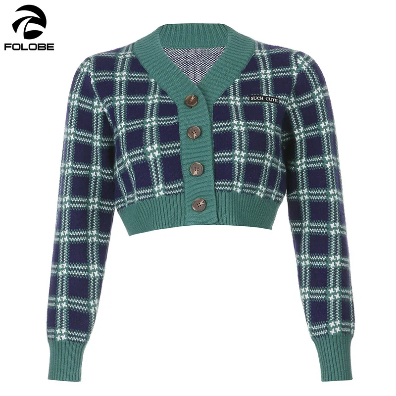 

FOLOBE 2020 Autumn Knit Short Cardigan Sweater Women Fashion Plaid Long Sleeve Cardigan College Casual clothes for women tops