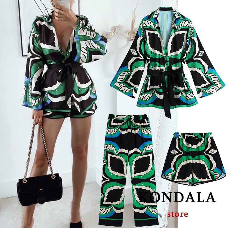 

2021 Bermuda Women Sets 2 Pieces Summer Oversized Long Green Print Sashes Knot Kimono Shirts and High Waist Wide Leg Shorts
