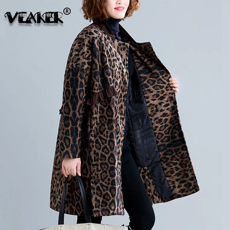 

2020 New Fashion Leopard Jacket Women Loose Woolen Long Coat Warm Windbreaker Brand Lace Coats Plus Size Outwear Cardigan M-2XL
