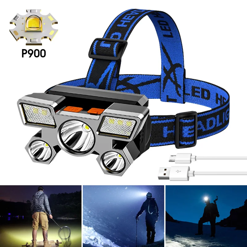 

Налобный фонарь для ночной рыбалки, мощный светодиодный налобный фонарь 5 * P900, фонарик на 18650 батареях с USB-зарядкой, налобный фонарь для кемп...
