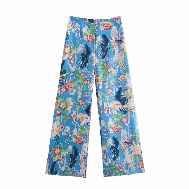 

Женские расклешенные брюки ZA, синие винтажные брюки с высокой талией и эластичным поясом, свободные штаны с цветочным принтом, лето 2021