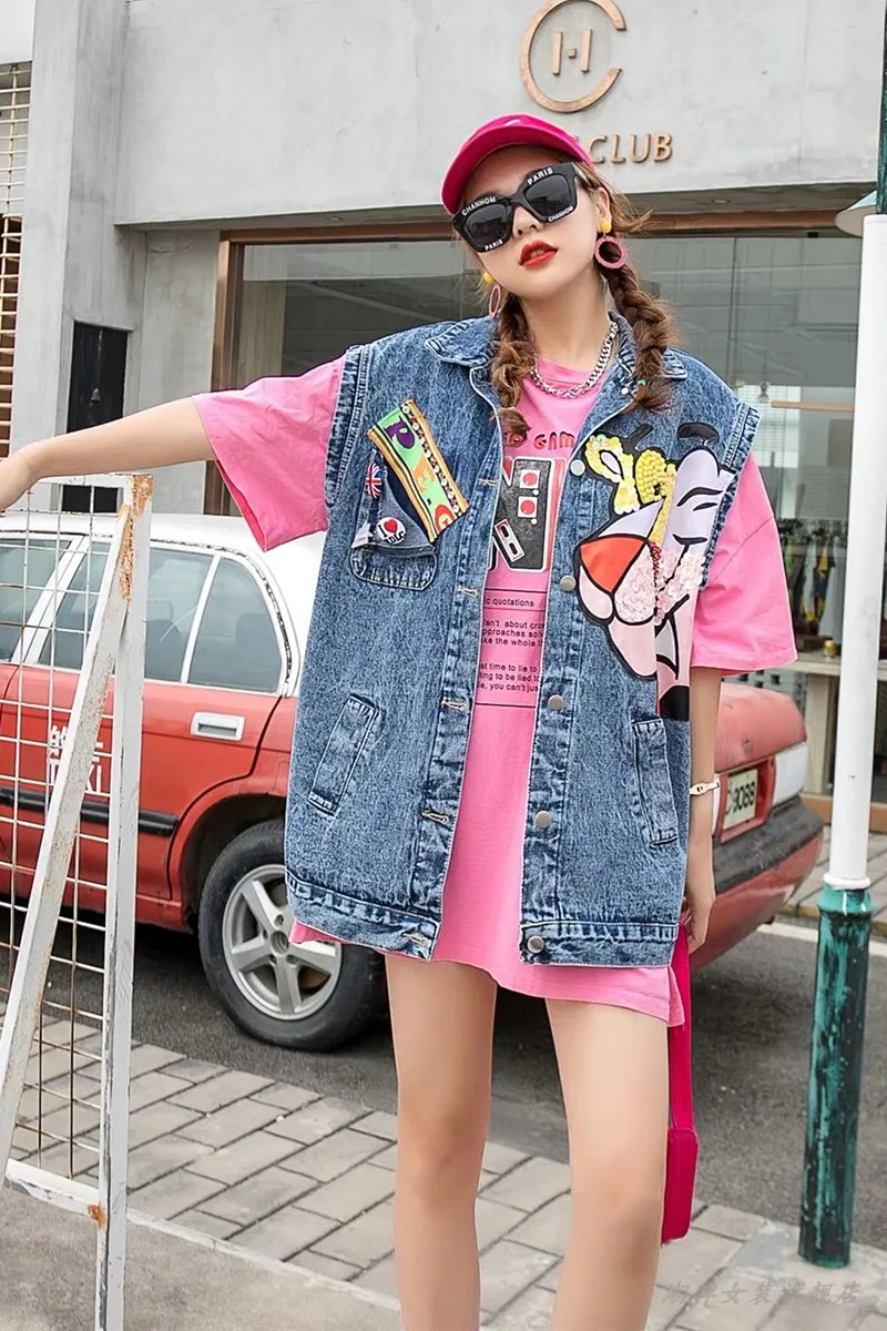 

QING MO Women Denim Vest 2021 Newest Women Cartoon Printed Jacket Female Single Breasted Sleeveless Coat ZQY6888