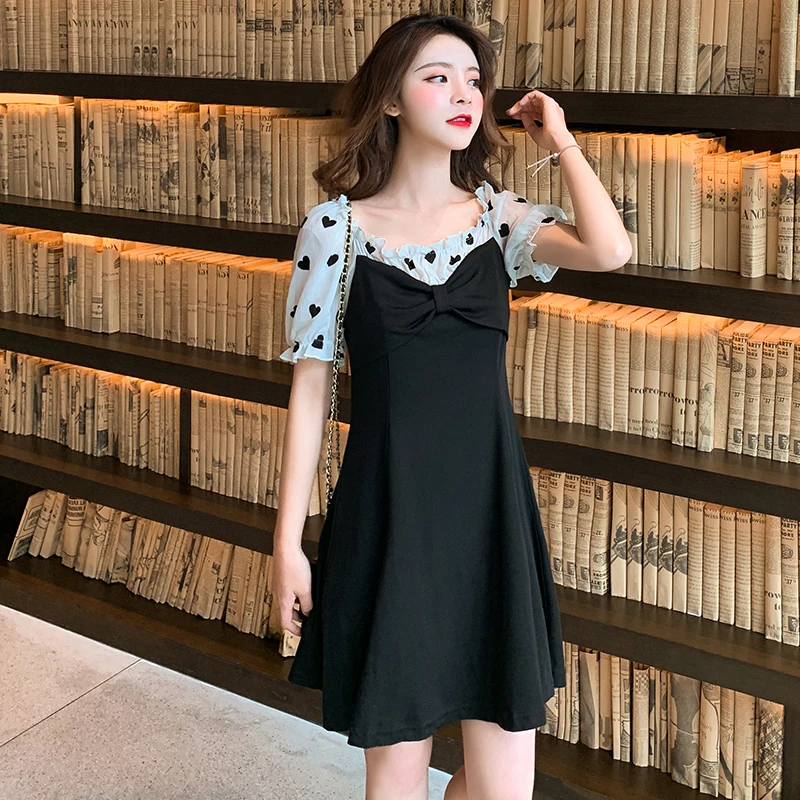 COIGARSAM Women dress Polka Dot Patchwork Every Child Should Have A Little Fairy French Niche Dresses Black 005 | Женская одежда