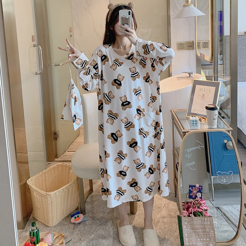 Korean Pajamas Set for Women Sleepdress Cartoon Bear Nightgowns Anime Girls Home Suit Long Sleeve Spring Autumn Pijama Ladies