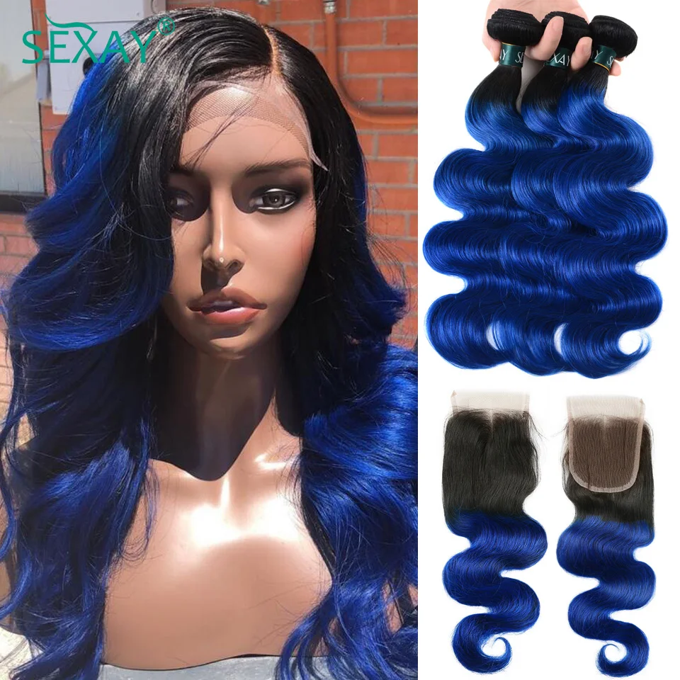 Sexay Blue Human Hair Bundles With Closure Baby Hair Remy Peruvian Body Wave Human Hair Weave Ombre 1B Blue Bundles With Closure