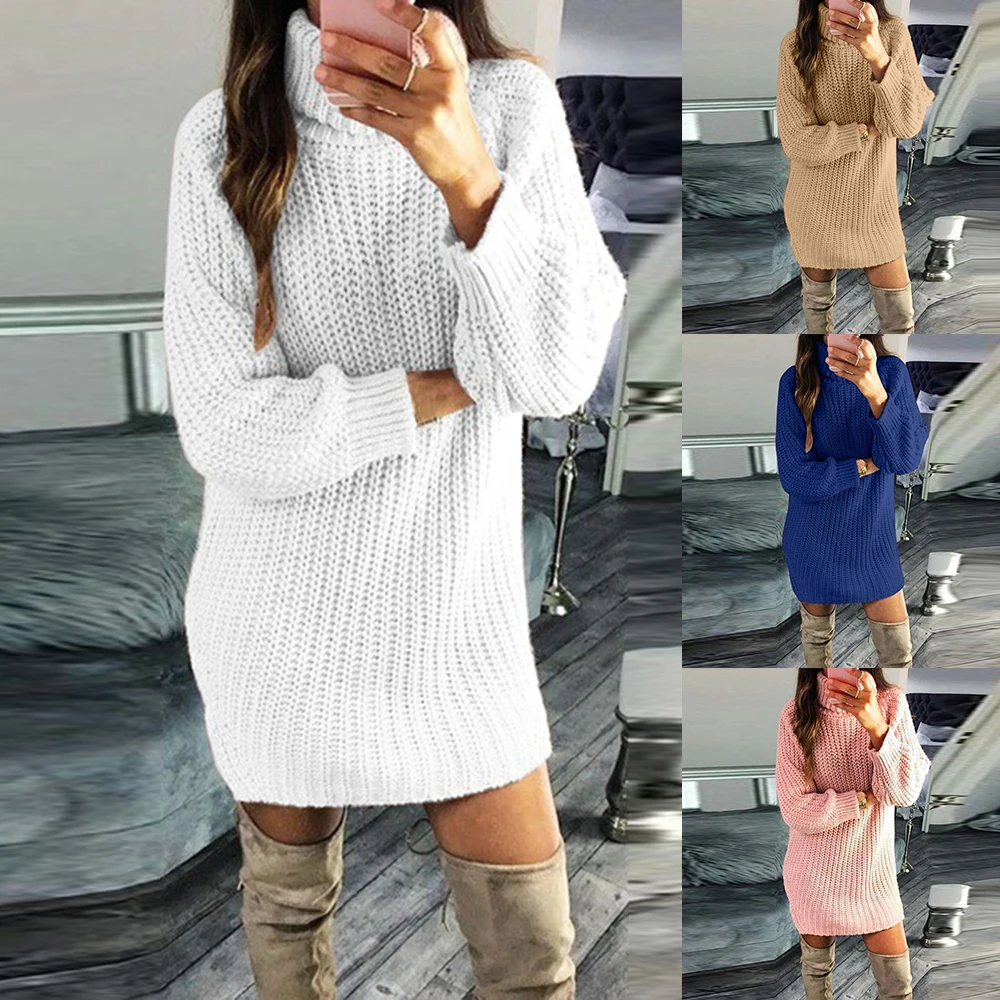 HEFLASHOR 2019 Knitted Sweater Dress Women Solid Autumn Turtleneck Pullover Casual Long Sleeve Jumpers Ropa Mujer Vestidos | Женская