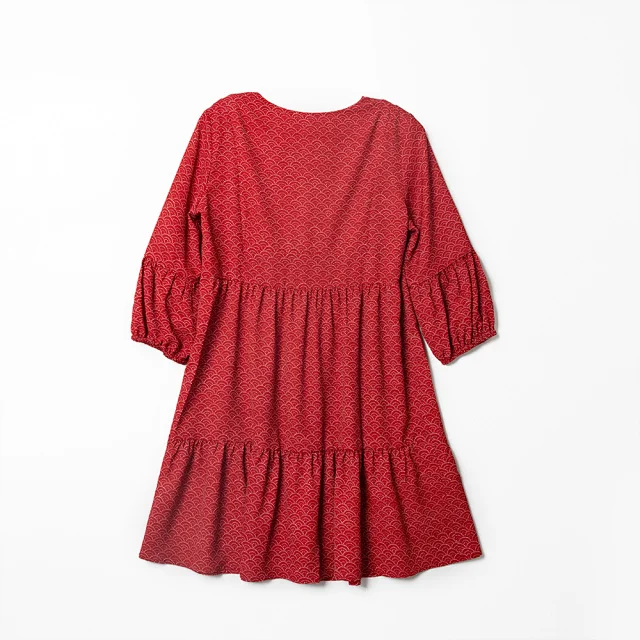 

Scalloped Printed Red Women's Mini Dress 2021 Spring Summer Three Quarter Sleeve V-Neck Loose Female Ruffles Trim Robe