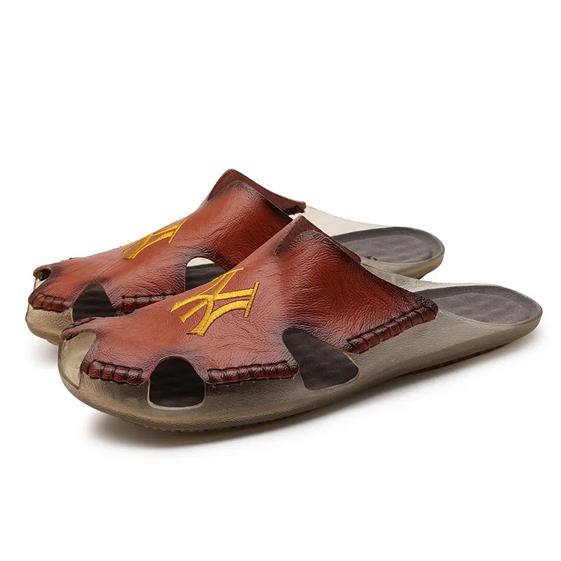 

New Summer Men's Sandals Genuine Leather Breathable Shoes Roman Slippers Flats Man NY Slides Roman Style Beach Sandals Hot Sale