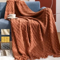 solid knitted blanket for beds throw blanket fringe tassels cable knit blanket textured home chair sofa couch bed decor blankets