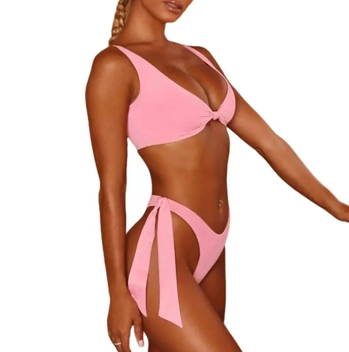 

Женский сексуальный однотонный купальник бикини с V-образным вырезом, Классический комплект из двух предметов