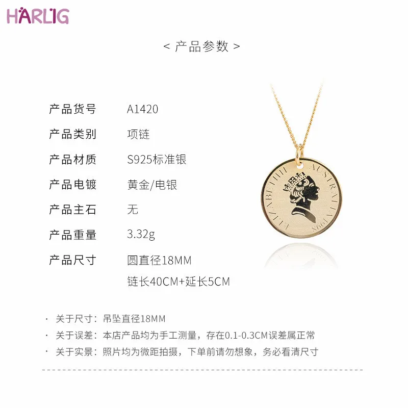 

Coin necklace charm choker sterling silver s925 gold color vintage pendant kolye necklace fashion jewelry allergy free