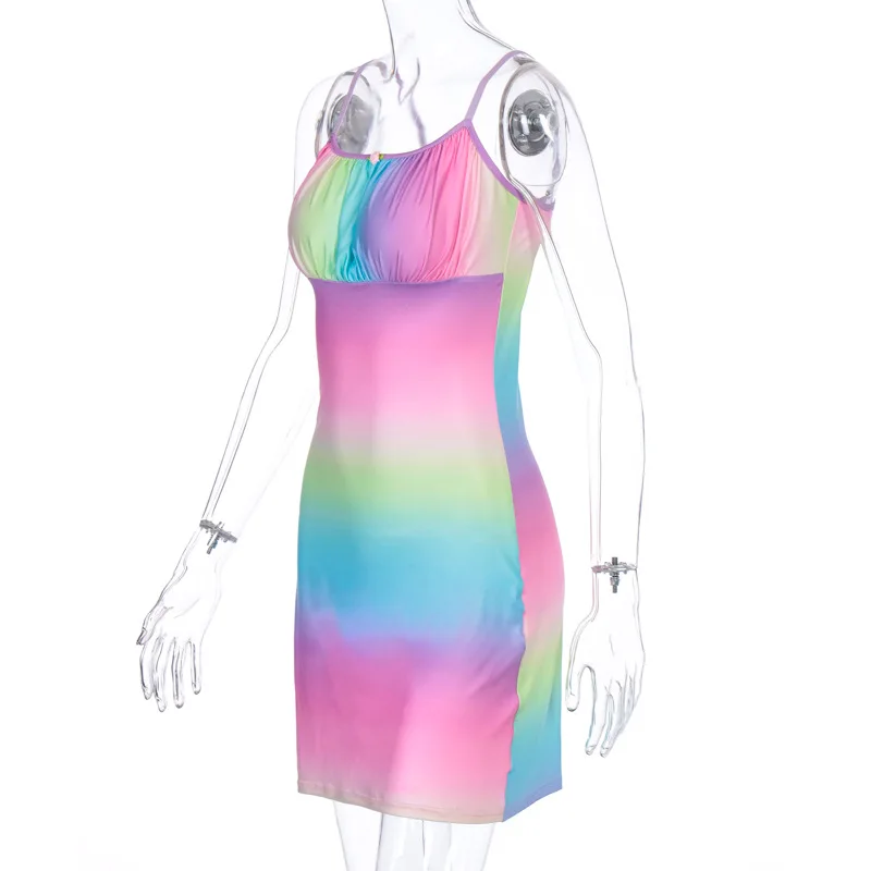 

SWEETKAMA Summer Women's Bodycon Explosion Rainbow Tie-Dye Pleated Suspender Fashion Slim Party Mini Dresses