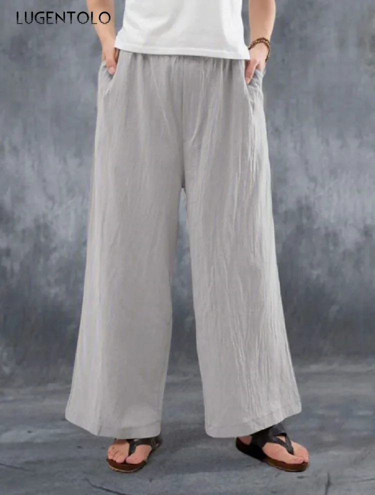 

Lugentolo Simple Pants Women Linen Loose Casual Casual Trousers Pocket Solid Female Wide Leg Pants Mid Waist Fashion Long Pants