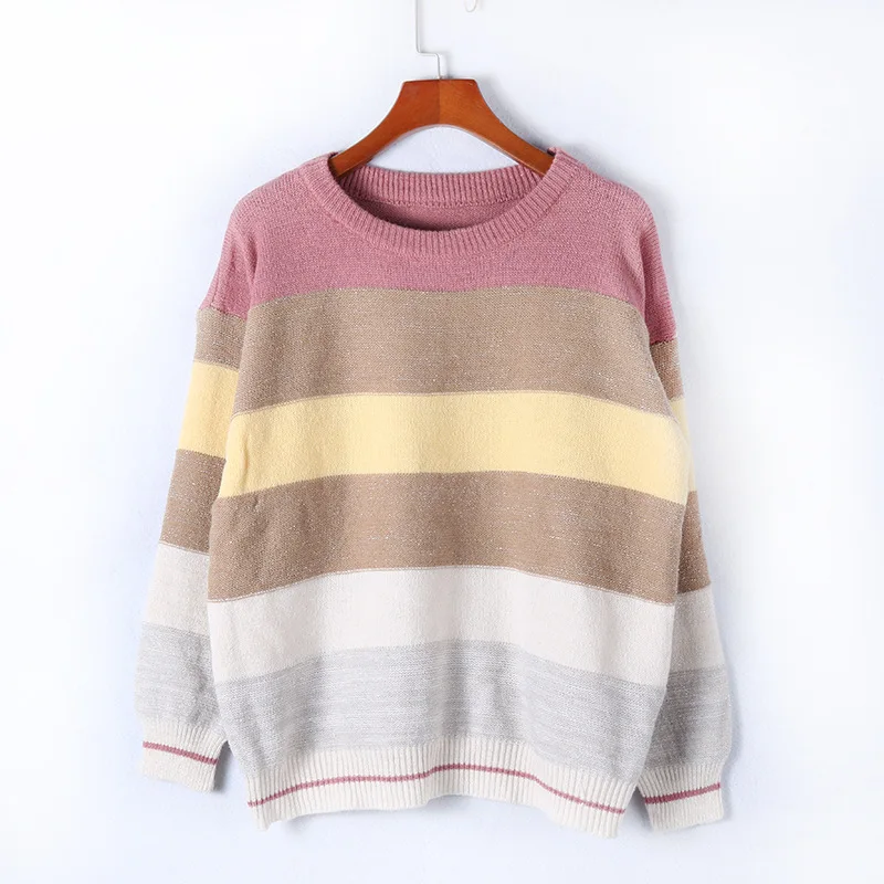 

2020 European and American female autumn / winter new loose round neck multicolored stitching sweater top